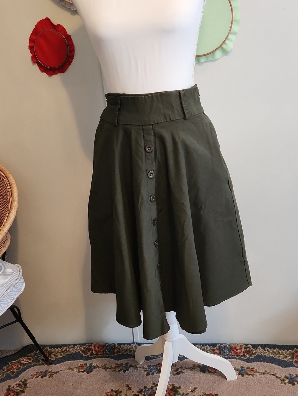 Olive Green Button-Front A-Line Skirt